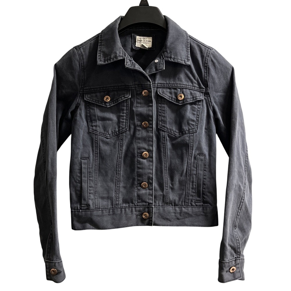 Forever 21 Y2K Denim Jacket Womens S Black Washed Denim Cropped Biker‎ Festival